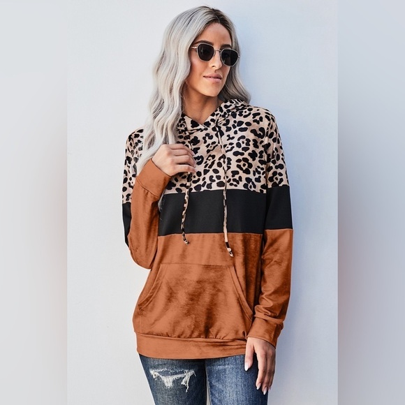 Leopard Print Hoodie - Contrast Color Block - Drawstring - Kangaroo Pockets - Picture 2 of 4